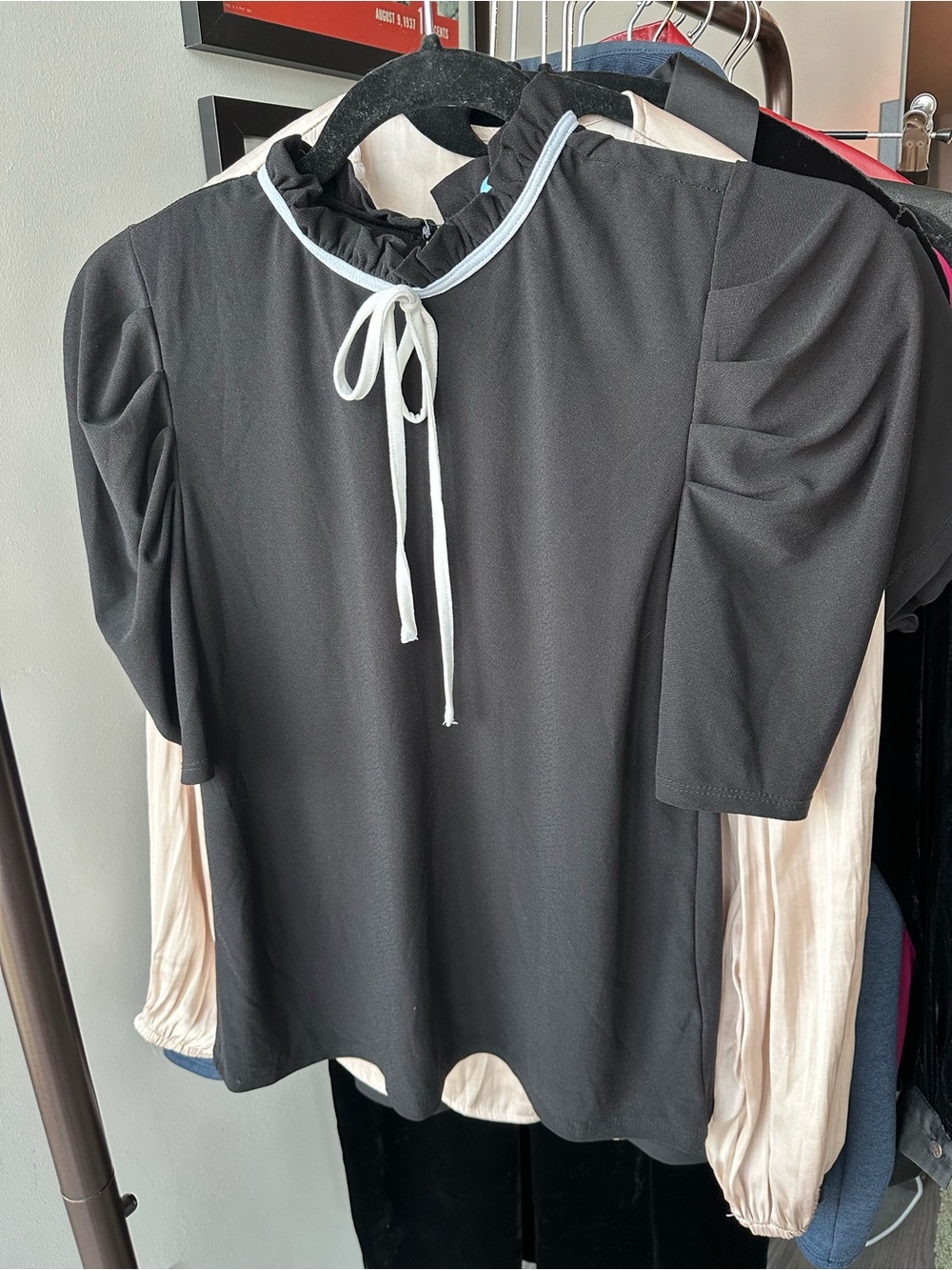 CeCe Black Puff-Sleeve Tie-Neck Blouse with White Trim